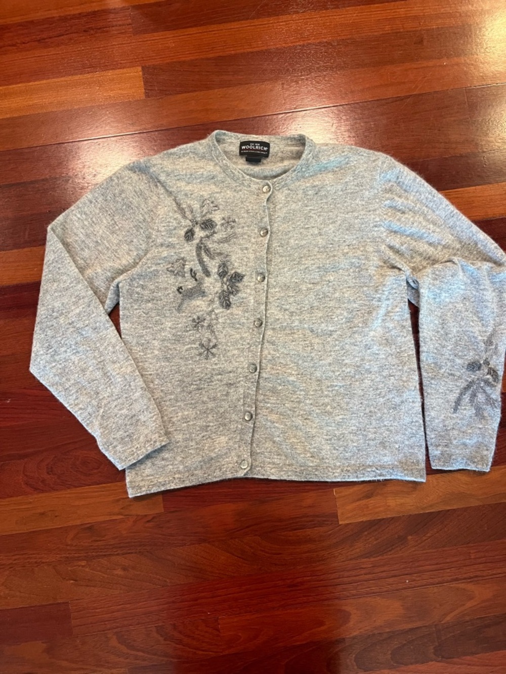 Woolrich Heather Light Gray Floral Embroidered Button-Up Cardigan Wool/Angora L